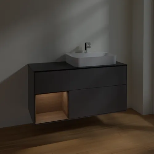 VILLEROY BOCH Toaletní skříňka Finion, s osvětlením, 3 výsuvy, 1200 x 603 x 501 mm, antracitový matný lak / ořechová dýha / černé matné sklo #F392GNGK, obrázek 5
