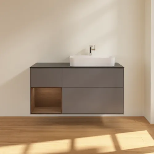 VILLEROY BOCH Toaletní skříňka Finion, s osvětlením, 3 výsuvy, 1200 x 603 x 501 mm, antracitový matný lak / ořechová dýha / černé matné sklo #F392GNGK, obrázek 3