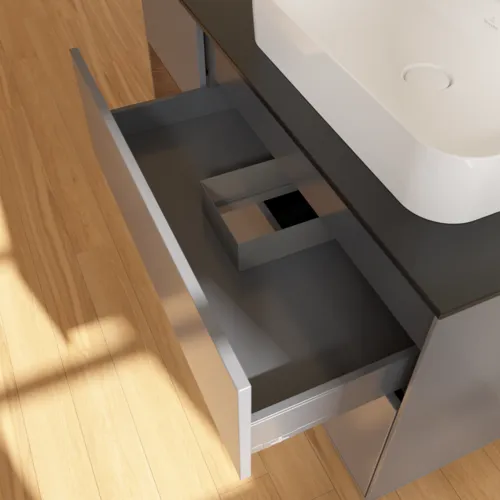 VILLEROY BOCH Toaletní skříňka Finion, s osvětlením, 3 výsuvy, 1200 x 603 x 501 mm, antracitový matný lak / ořechová dýha / černé matné sklo #F392GNGK, obrázek 8