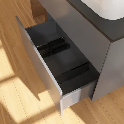 VILLEROY BOCH Toaletní skříňka Finion, s osvětlením, 3 výsuvy, 1200 x 603 x 501 mm, antracitový matný lak / ořechová dýha / černé matné sklo #F392GNGK, obrázek 7