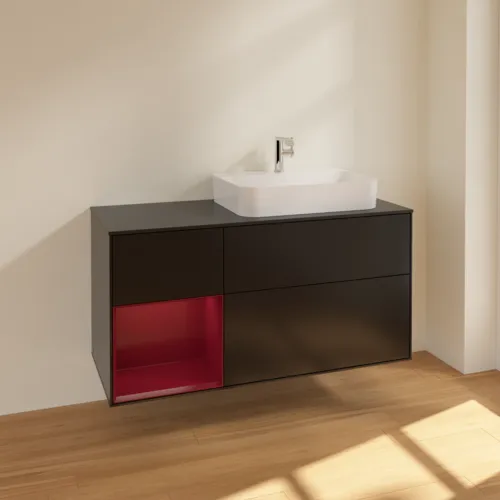 VILLEROY BOCH Toaletní skříňka Finion, s osvětlením, 3 výsuvy, 1200 x 603 x 501 mm, černý matný lak / pivoňkový matný lak / černé matné sklo #F392HBPD, obrázek 2