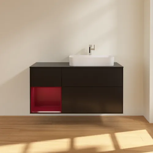VILLEROY BOCH Toaletní skříňka Finion, s osvětlením, 3 výsuvy, 1200 x 603 x 501 mm, černý matný lak / pivoňkový matný lak / černé matné sklo #F392HBPD, obrázek 3