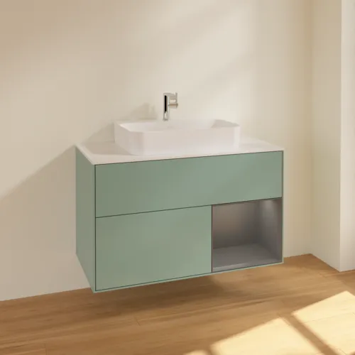 VILLEROY BOCH Toaletní skříňka Finion, s osvětlením, 2 výsuvy, 1000 x 603 x 501 mm, olivový matný lak / antracitový matný lak / bílé matné sklo #F371GKGM, obrázek 2
