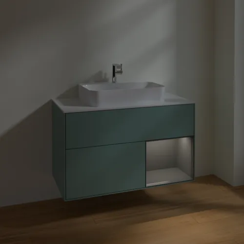 VILLEROY BOCH Toaletní skříňka Finion, s osvětlením, 2 výsuvy, 1000 x 603 x 501 mm, olivový matný lak / antracitový matný lak / bílé matné sklo #F371GKGM, obrázek 5