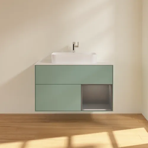 VILLEROY BOCH Toaletní skříňka Finion, s osvětlením, 2 výsuvy, 1000 x 603 x 501 mm, olivový matný lak / antracitový matný lak / bílé matné sklo #F371GKGM, obrázek 3