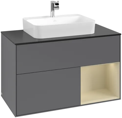VILLEROY BOCH Toaletní skříňka Finion, s osvětlením, 2 výsuvy, 1000 x 603 x 501 mm, antracitový matný lak / hedvábně šedý matný lak / černé matné sklo #F372HJGK