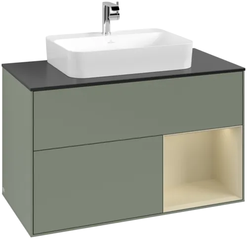 VILLEROY BOCH Toaletní skříňka Finion, s osvětlením, 2 výsuvy, 1000 x 603 x 501 mm, olivový matný lak / hedvábně šedý matný lak / černé matné sklo #F372HJGM