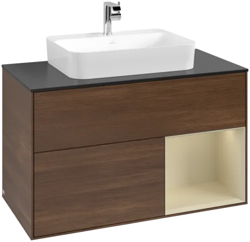 VILLEROY BOCH Toaletní stolek Finion, s osvětlením, 2 výsuvy, 1000 x 603 x 501 mm, ořechová dýha / hedvábně šedý matný lak / sklo černé matné #F372HJGN