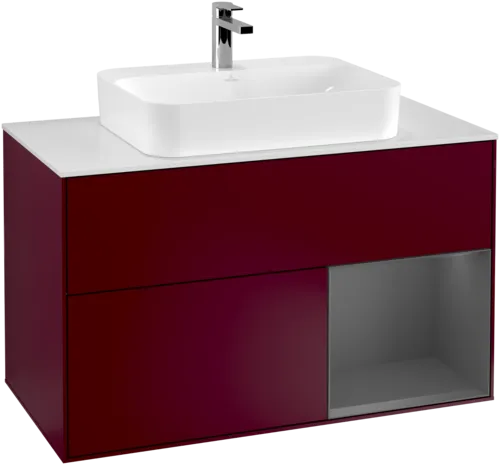 VILLEROY BOCH Toaletní skříňka Finion, s osvětlením, 2 výsuvy, 1000 x 603 x 501 mm, Pivoňka matný lak / Antracit matný lak / Sklo bílé matné #F371GKHB