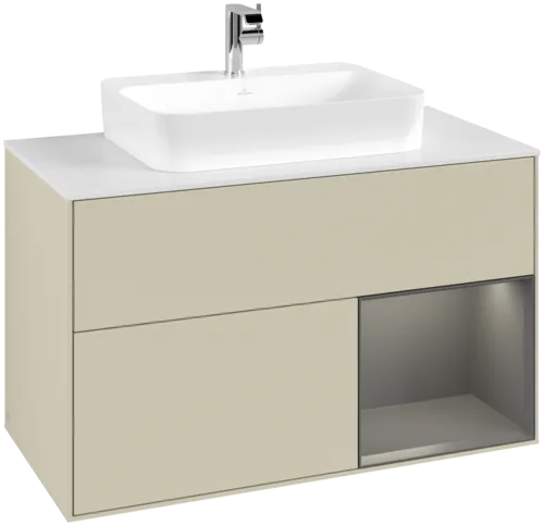 VILLEROY BOCH Toaletní skříňka Finion, s osvětlením, 2 výsuvy, 1000 x 603 x 501 mm, hedvábně šedý matný lak / antracitový matný lak / bílé matné sklo #F371GKHJ