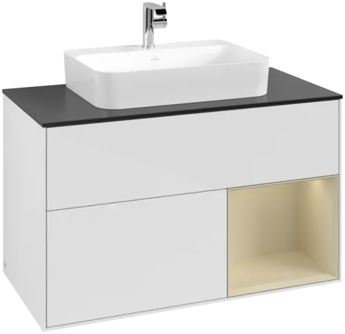 VILLEROY BOCH Toaletní skříňka Finion, s osvětlením, 2 výsuvy, 1000 x 603 x 501 mm, lesklý bílý lak / hedvábně šedý matný lak / černé matné sklo #F372HJGF