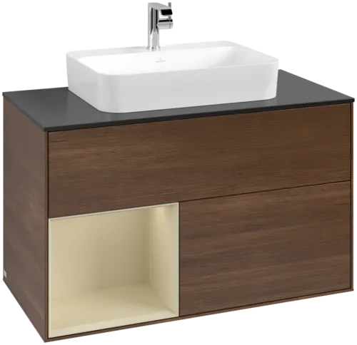 VILLEROY BOCH Toaletní stolek Finion, s osvětlením, 2 výsuvy, 1000 x 603 x 501 mm, ořechová dýha / hedvábně šedý matný lak / sklo černé matné #F362HJGN