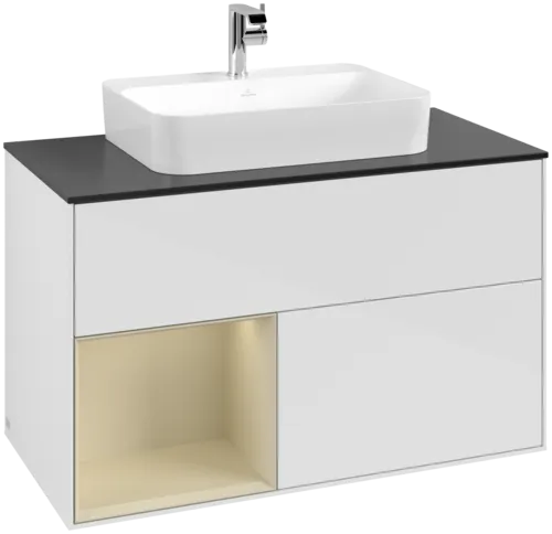 VILLEROY BOCH Toaletní skříňka Finion, s osvětlením, 2 výsuvy, 1000 x 603 x 501 mm, lesklý bílý lak / hedvábně šedý matný lak / černé matné sklo #F362HJGF