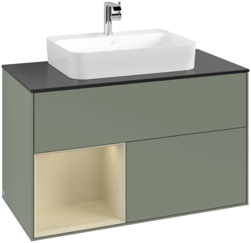 VILLEROY BOCH Toaletní skříňka Finion, s osvětlením, 2 výsuvy, 1000 x 603 x 501 mm, olivový matný lak / hedvábně šedý matný lak / černé matné sklo #F362HJGM