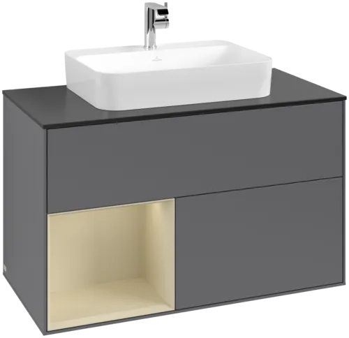 VILLEROY BOCH Toaletní skříňka Finion, s osvětlením, 2 výsuvy, 1000 x 603 x 501 mm, antracitový matný lak / hedvábně šedý matný lak / černé matné sklo #F362HJGK