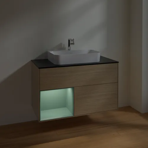 VILLEROY BOCH Toaletní skříňka Finion, s osvětlením, 2 výsuvy, 1000 x 603 x 501 mm, dubová dýha / olivově matný lak / sklo černé matné #F362GMPC, obrázek 5