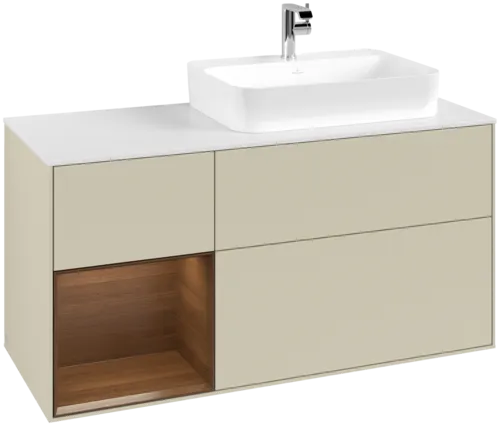 VILLEROY BOCH Toaletní skříňka Finion, s osvětlením, 3 výsuvy, 1200 x 603 x 501 mm, hedvábně šedý matný lak / ořechová dýha / sklo bílé matné #F391GNHJ