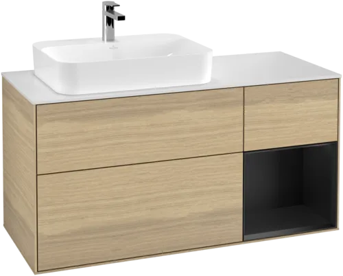 VILLEROY BOCH Toaletní skříňka Finion, s osvětlením, 3 výsuvy, 1200 x 603 x 501 mm, dubová dýha / černý matný lak / bílé matné sklo #F401PDPC