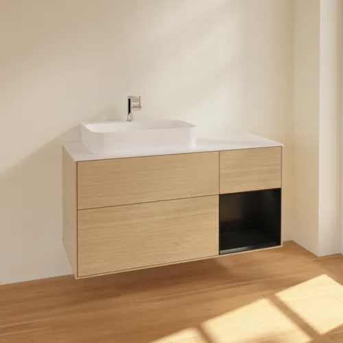 VILLEROY BOCH Toaletní skříňka Finion, s osvětlením, 3 výsuvy, 1200 x 603 x 501 mm, dubová dýha / černý matný lak / bílé matné sklo #F401PDPC, obrázek 2
