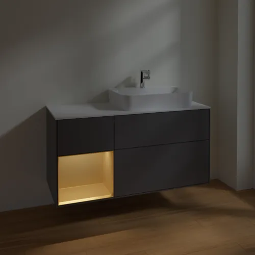 VILLEROY BOCH Toaletní skříňka Finion, s osvětlením, 3 výsuvy, 1200 x 603 x 501 mm, antracitový matný lak / zlatý matný lak / bílé matné sklo #F391HFGK, obrázek 5