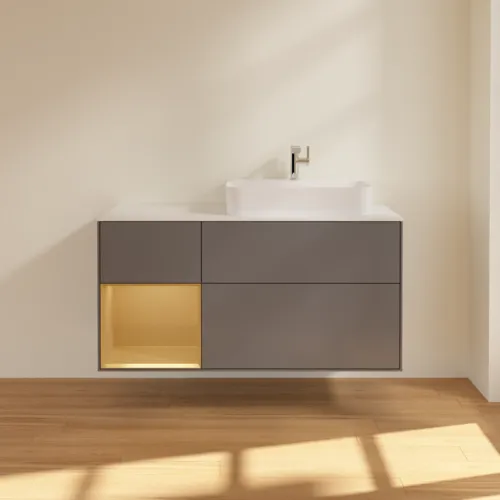VILLEROY BOCH Toaletní skříňka Finion, s osvětlením, 3 výsuvy, 1200 x 603 x 501 mm, antracitový matný lak / zlatý matný lak / bílé matné sklo #F391HFGK, obrázek 3