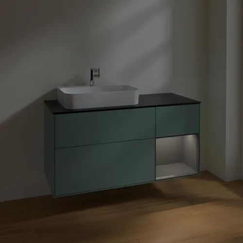 VILLEROY BOCH Toaletní skříňka Finion, s osvětlením, 3 výsuvy, 1200 x 603 x 501 mm, olivový matný lak / antracitový matný lak / černé matné sklo #F402GKGM, obrázek 5