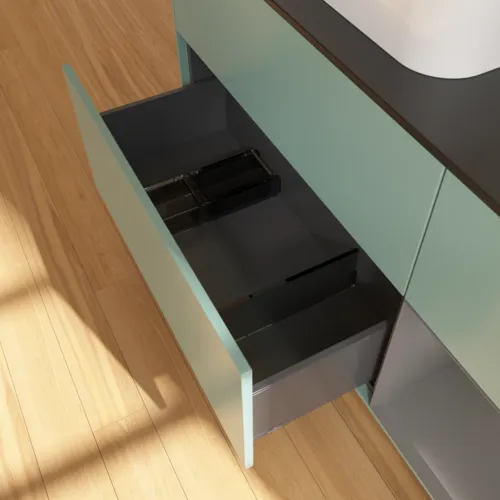 VILLEROY BOCH Toaletní skříňka Finion, s osvětlením, 3 výsuvy, 1200 x 603 x 501 mm, olivový matný lak / antracitový matný lak / černé matné sklo #F402GKGM, obrázek 7
