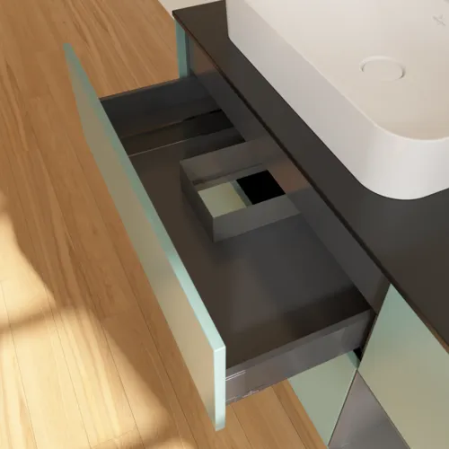 VILLEROY BOCH Toaletní skříňka Finion, s osvětlením, 3 výsuvy, 1200 x 603 x 501 mm, olivový matný lak / antracitový matný lak / černé matné sklo #F402GKGM, obrázek 8