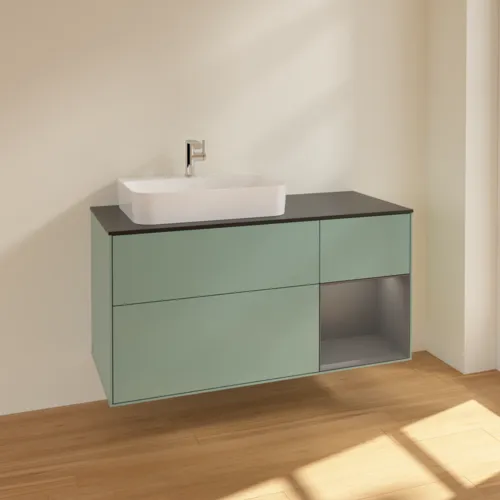 VILLEROY BOCH Toaletní skříňka Finion, s osvětlením, 3 výsuvy, 1200 x 603 x 501 mm, olivový matný lak / antracitový matný lak / černé matné sklo #F402GKGM, obrázek 2