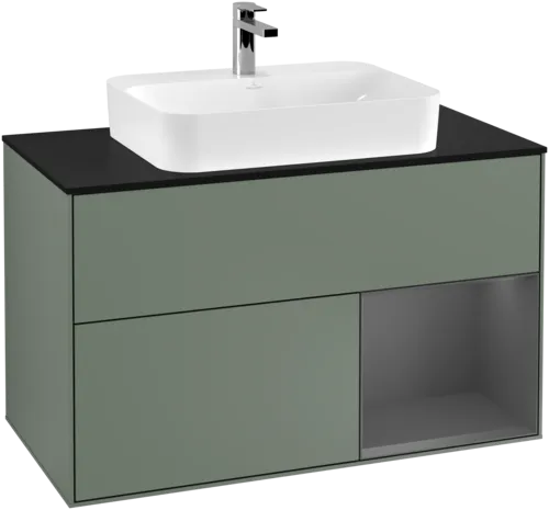 VILLEROY BOCH Toaletní skříňka Finion, s osvětlením, 2 výsuvy, 1000 x 603 x 501 mm, olivový matný lak / antracitový matný lak / černé matné sklo #F372GKGM