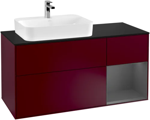 VILLEROY BOCH Toaletní skříňka Finion, s osvětlením, 3 výsuvy, 1200 x 603 x 501 mm, Pivoňka matný lak / Antracit matný lak / Sklo černé matné #F402GKHB