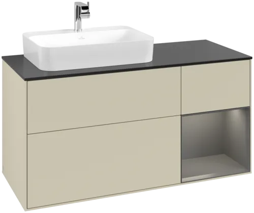 VILLEROY BOCH Toaletní skříňka Finion, s osvětlením, 3 výsuvy, 1200 x 603 x 501 mm, hedvábně šedý matný lak / antracitový matný lak / černé matné sklo #F402GKHJ
