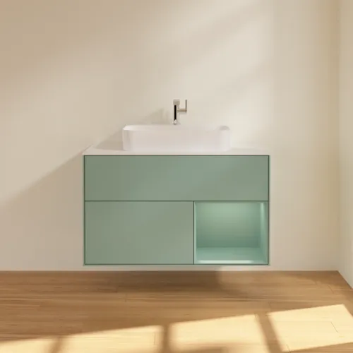 VILLEROY BOCH Toaletní skříňka Finion, s osvětlením, 2 výsuvy, 1000 x 603 x 501 mm, olivově matný lak / olivově matný lak / sklo bílé matné #F371GMGM, obrázek 3