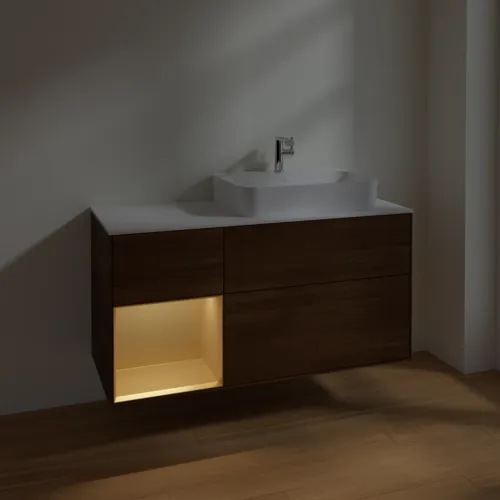 VILLEROY BOCH Toaletní skříňka Finion, s osvětlením, 3 výsuvy, 1200 x 603 x 501 mm, ořechová dýha / zlatý matný lak / sklo bílé matné #F391HFGN, obrázek 5