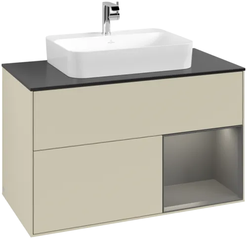 VILLEROY BOCH Toaletní skříňka Finion, s osvětlením, 2 výsuvy, 1000 x 603 x 501 mm, hedvábně šedý matný lak / antracitový matný lak / černé matné sklo #F372GKHJ