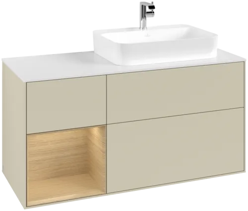 VILLEROY BOCH Toaletní skříňka Finion, s osvětlením, 3 výsuvy, 1200 x 603 x 501 mm, hedvábně šedý matný lak / dubová dýha / bílé matné sklo #F391PCHJ