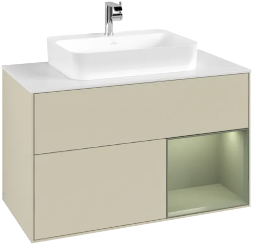 VILLEROY BOCH Toaletní skříňka Finion, s osvětlením, 2 výsuvy, 1000 x 603 x 501 mm, hedvábně šedý matný lak / olivový matný lak / bílé matné sklo #F371GMHJ