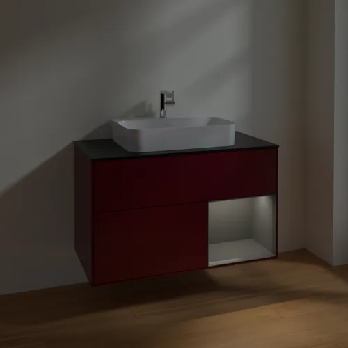 VILLEROY BOCH Toaletní skříňka Finion, s osvětlením, 2 výsuvy, 1000 x 603 x 501 mm, Pivoňka matný lak / Antracit matný lak / Sklo černé matné #F372GKHB, obrázek 5