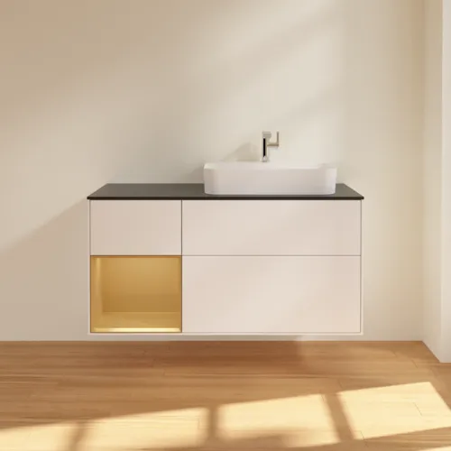 VILLEROY BOCH Toaletní skříňka Finion, s osvětlením, 3 výsuvy, 1200 x 603 x 501 mm, bílý matný lak / zlatý matný lak / černé matné sklo #F392HFMT, obrázek 3