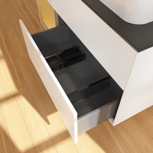 VILLEROY BOCH Toaletní skříňka Finion, s osvětlením, 3 výsuvy, 1200 x 603 x 501 mm, bílý matný lak / zlatý matný lak / černé matné sklo #F392HFMT, obrázek 7