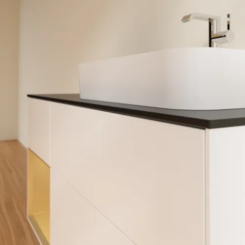 VILLEROY BOCH Toaletní skříňka Finion, s osvětlením, 3 výsuvy, 1200 x 603 x 501 mm, bílý matný lak / zlatý matný lak / černé matné sklo #F392HFMT, obrázek 6