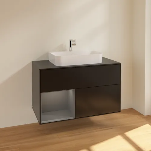VILLEROY BOCH Toaletní skříňka Finion, s osvětlením, 2 výsuvy, 1000 x 603 x 501 mm, černý matný lak / antracitový matný lak / černé matné sklo #F362GKPD, obrázek 2