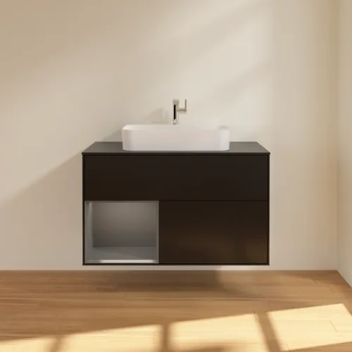 VILLEROY BOCH Toaletní skříňka Finion, s osvětlením, 2 výsuvy, 1000 x 603 x 501 mm, černý matný lak / antracitový matný lak / černé matné sklo #F362GKPD, obrázek 3