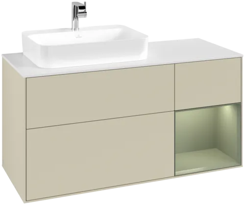 VILLEROY BOCH Toaletní skříňka Finion, s osvětlením, 3 výsuvy, 1200 x 603 x 501 mm, hedvábně šedý matný lak / olivový matný lak / bílé matné sklo #F401GMHJ