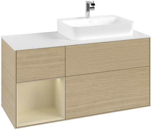 VILLEROY BOCH Toaletní skříňka Finion, s osvětlením, 3 výsuvy, 1200 x 603 x 501 mm, dubová dýha / hedvábně šedý matný lak / sklo bílé matné #F391HJPC