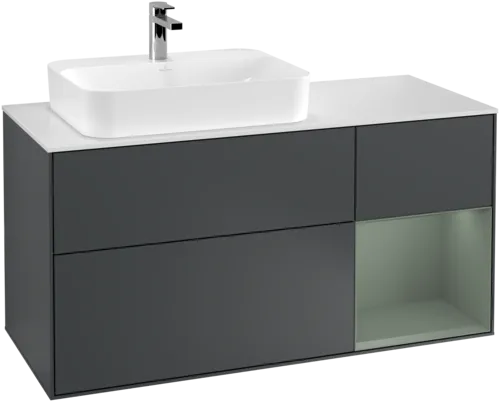 VILLEROY BOCH Toaletní skříňka Finion, s osvětlením, 3 výsuvy, 1200 x 603 x 501 mm, Midnight Blue Matt Lacquer / Olive Matt Lacquer / Glass White Matt #F401GMHG