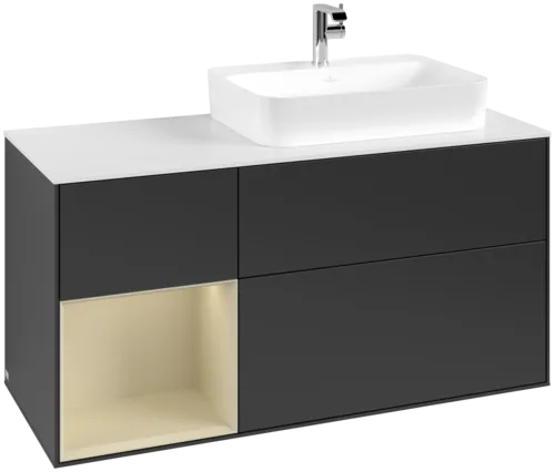 VILLEROY BOCH Toaletní skříňka Finion, s osvětlením, 3 výsuvy, 1200 x 603 x 501 mm, černý matný lak / hedvábně šedý matný lak / bílé matné sklo #F391HJPD