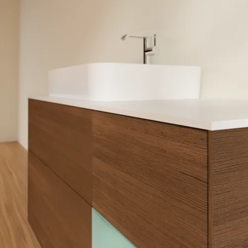 VILLEROY BOCH Toaletní stolek Finion, s osvětlením, 3 výsuvy, 1200 x 603 x 501 mm, ořechová dýha / olivový matný lak / sklo bílé matné #F401GMGN, obrázek 6