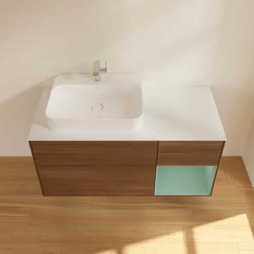 VILLEROY BOCH Toaletní stolek Finion, s osvětlením, 3 výsuvy, 1200 x 603 x 501 mm, ořechová dýha / olivový matný lak / sklo bílé matné #F401GMGN, obrázek 4