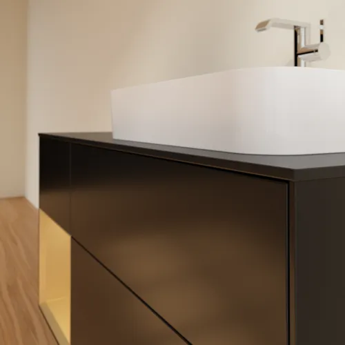 VILLEROY BOCH Toaletní skříňka Finion, s osvětlením, 3 výsuvy, 1200 x 603 x 501 mm, černý matný lak / zlatý matný lak / černé matné sklo #F392HFPD, obrázek 6